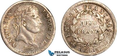 AK028, France, Napoleon, 1/2 Franc 1811 D, Lyon Mint, Silver, Toned, XF-AU