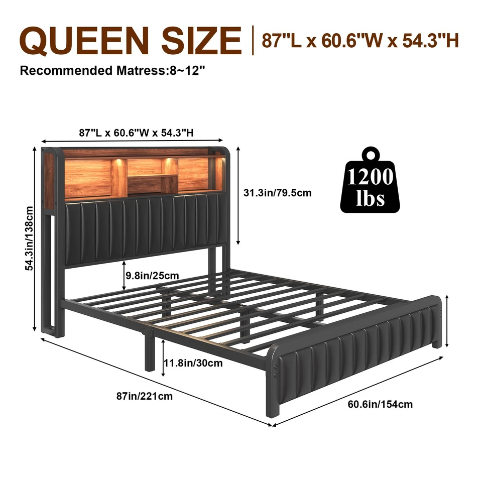 Full Queen Bed Frame with 3-Tier Storage Headboard and PU Leather - Image 3 of 4