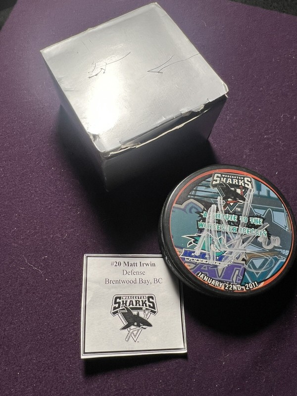 worcester sharks puck Signed By Matt Irwin No COA