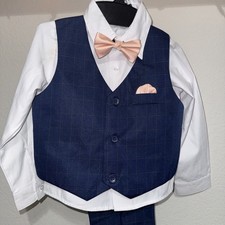 Boys 4T Blue Pinstripe Suit with White Shirt  Salmon Bowtie  Handkerchief  