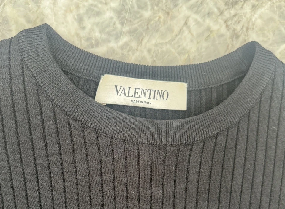 VALENTINO Top Acanalado Negro Manga Negro/Blanco Rayas Logo Talla SM Foto 4 de 4
