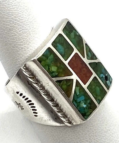Vintage Southwestern Silver Turquoise Red Coral Inlay Etched Statement Ring Sz.9