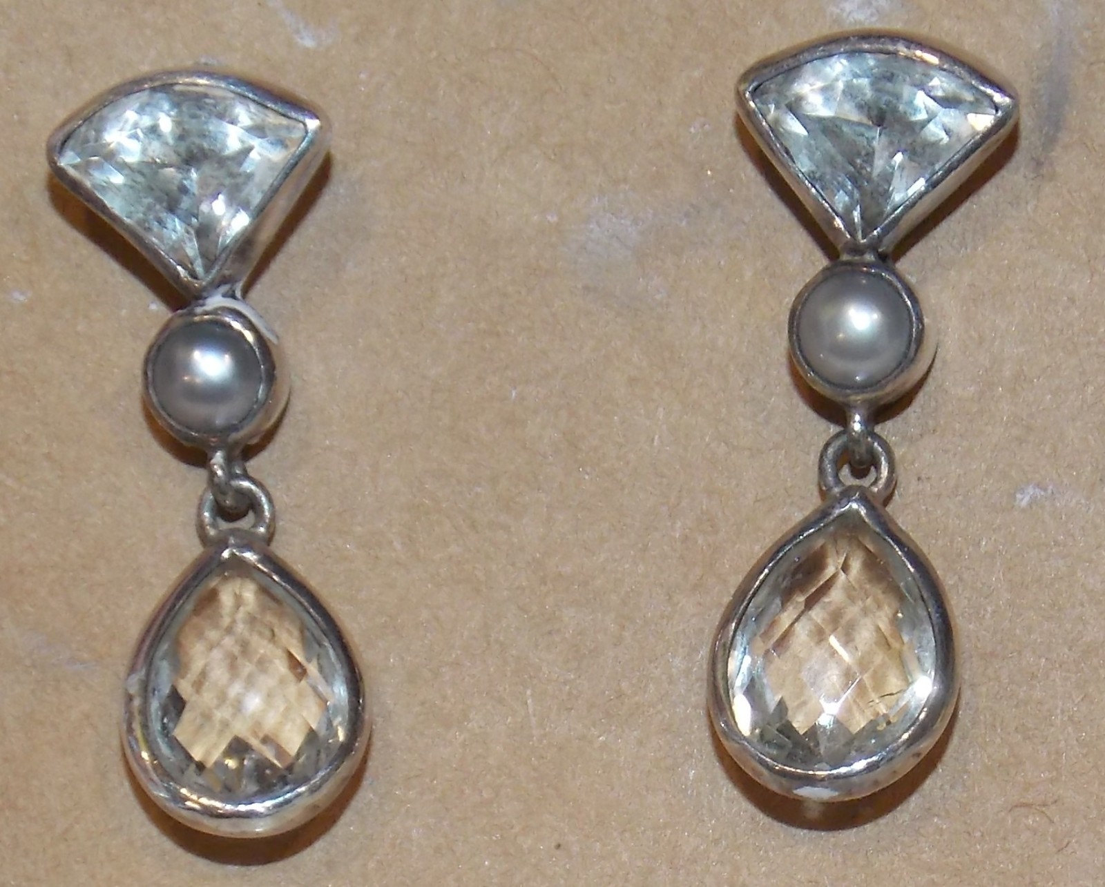 Vintage 925 Silver Clear Faceted Teardrop Dangle Earrings Unsigned Jewelry
