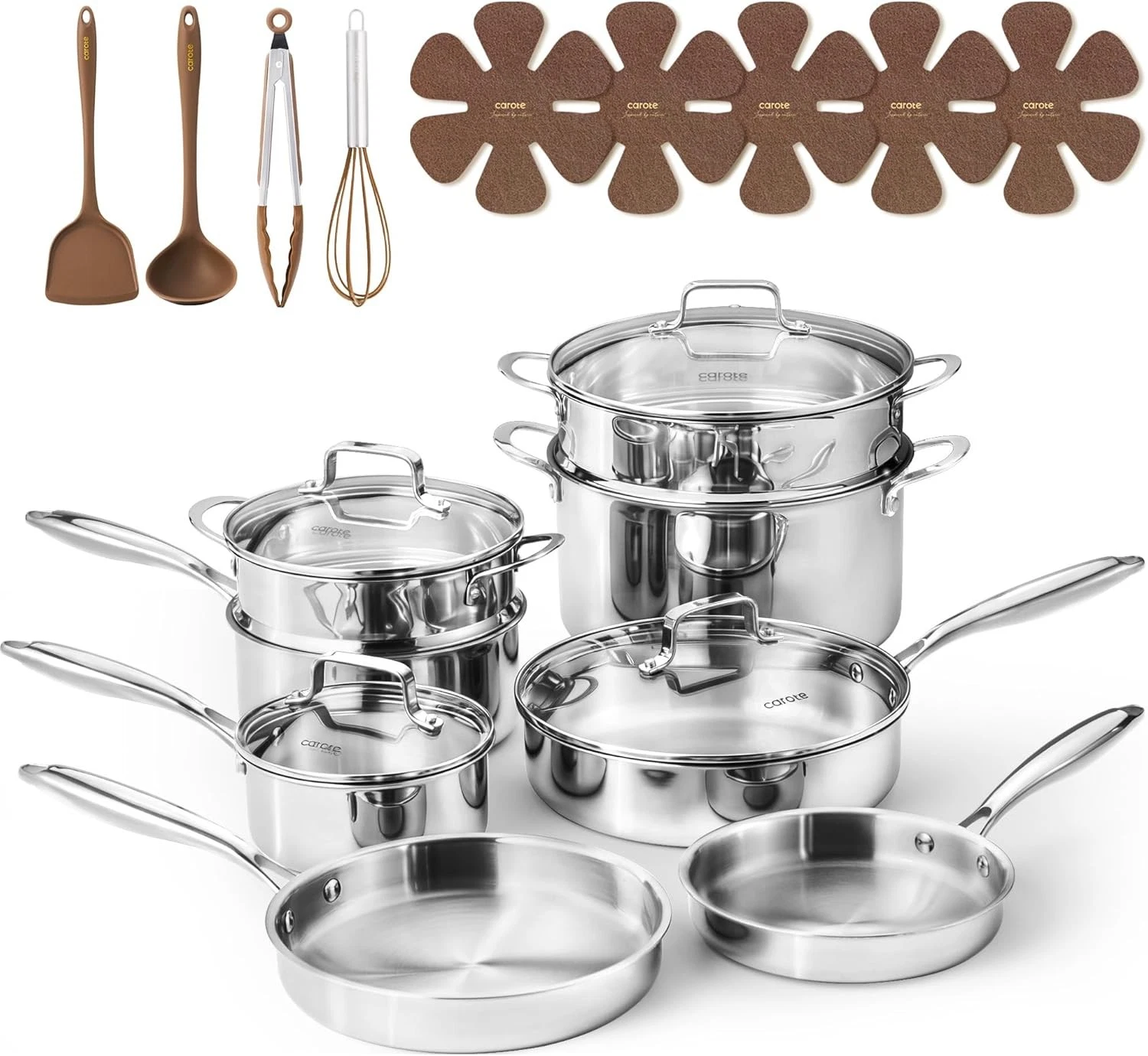 CAROTE 21pcs Tri-Ply Stainless Steel Cookware Set Silver