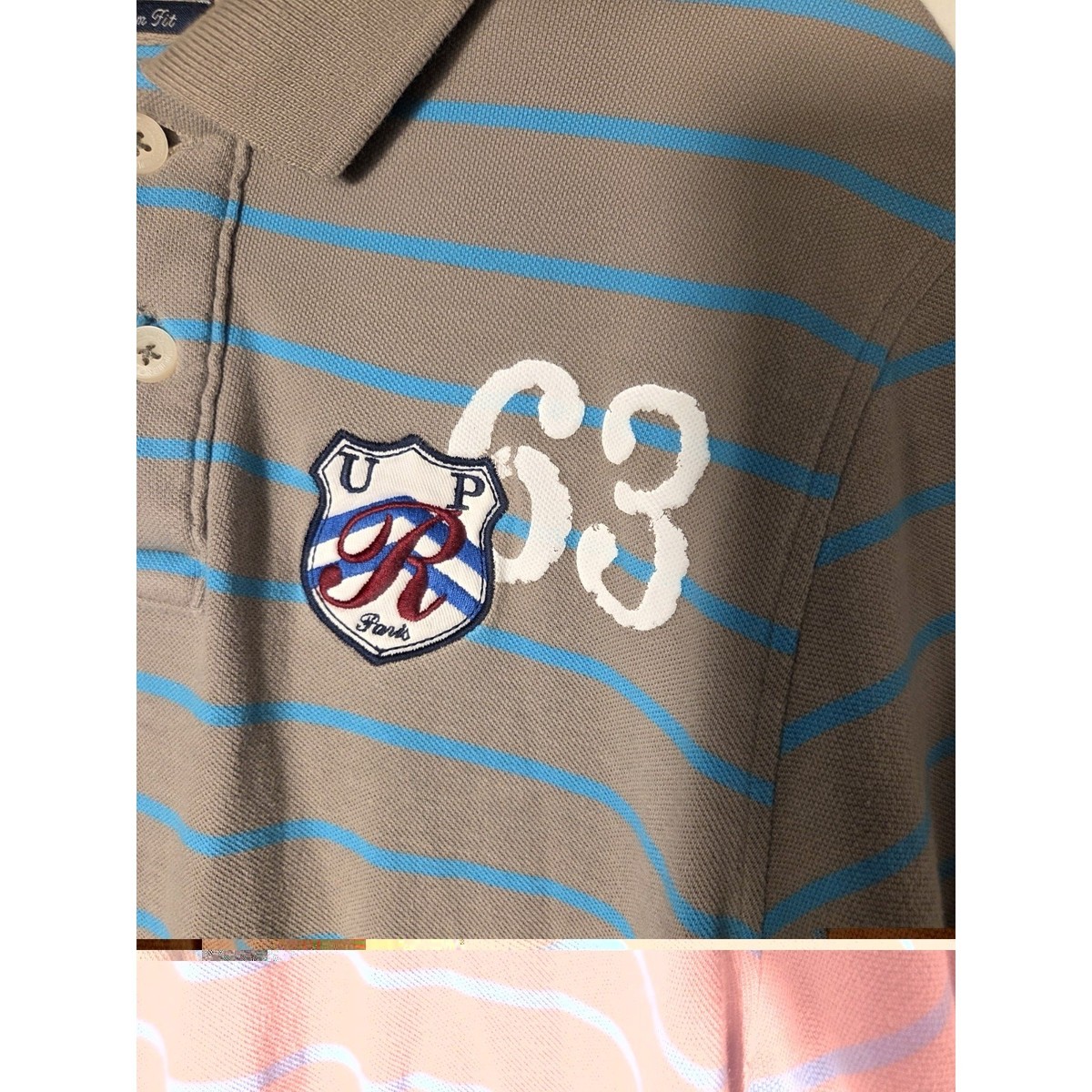 Renoma Mens Polo UPR 63 Striped Short Sleeve Slim Fit Tan Blue Paris Size L View 3