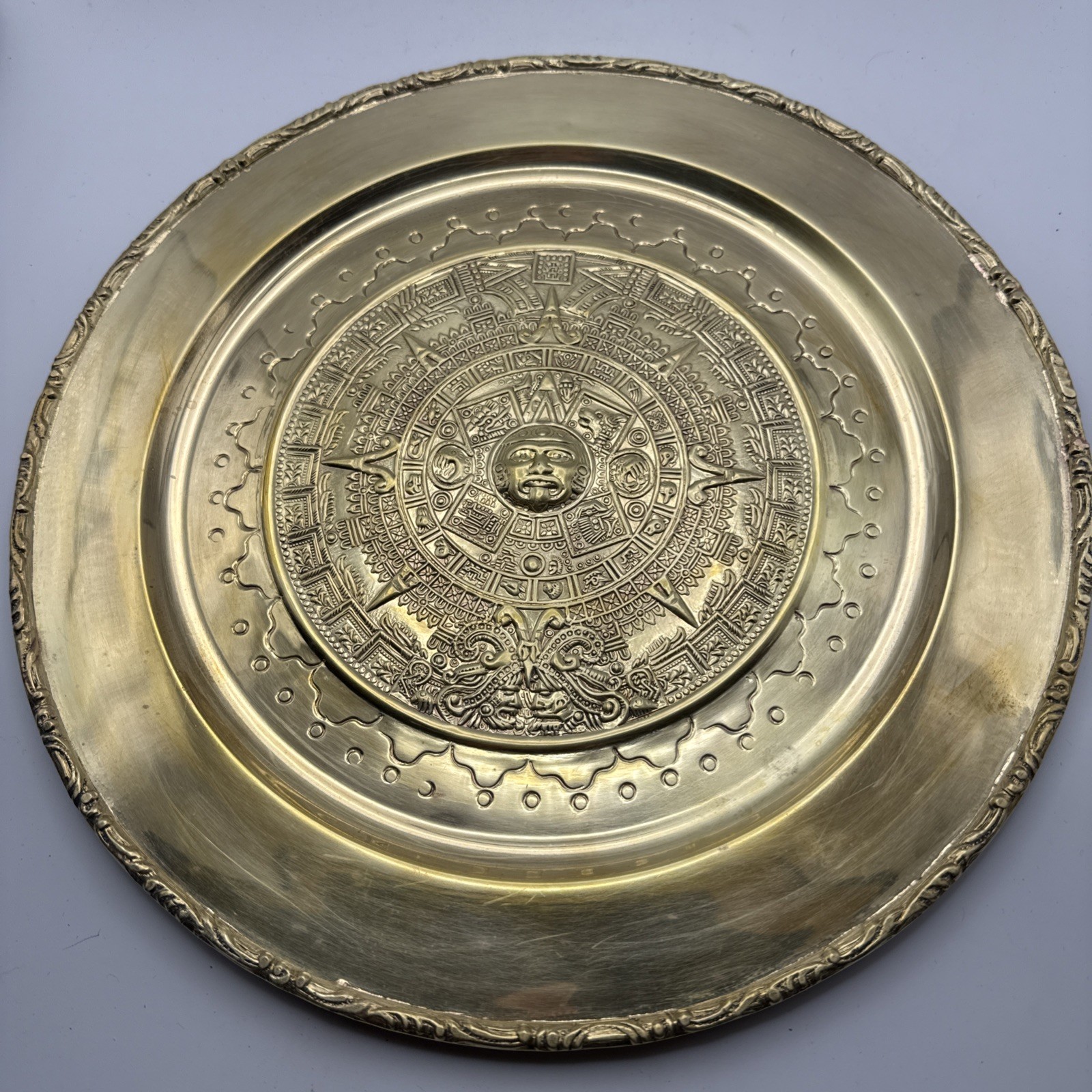 Vtg Brass Aztec Art Calendar Plate Hanging Wall Decor Raised Pattern 11.75”D