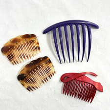 Vintage French Side Hair Comb lot of 4 Faux Tortoise Shell Purple Red