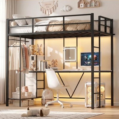 Twin Size Loft Bed with Desk, Bunk Bed with Storage Drawers Underneath, Metal