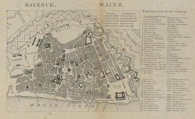 Mayence / Mainzer Stadtplan. Deutschland. BRADSCHAW um 1853 alte antike Kartenkarte