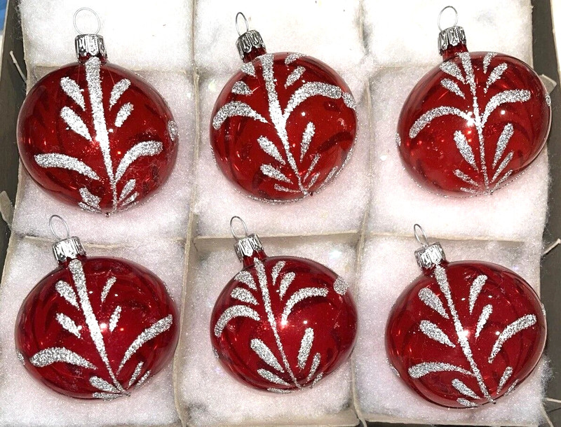 AWESOME 6 Vtg 1950 German  Xmas Ornaments Red Unsilvered Glass Glitter  2.5" box