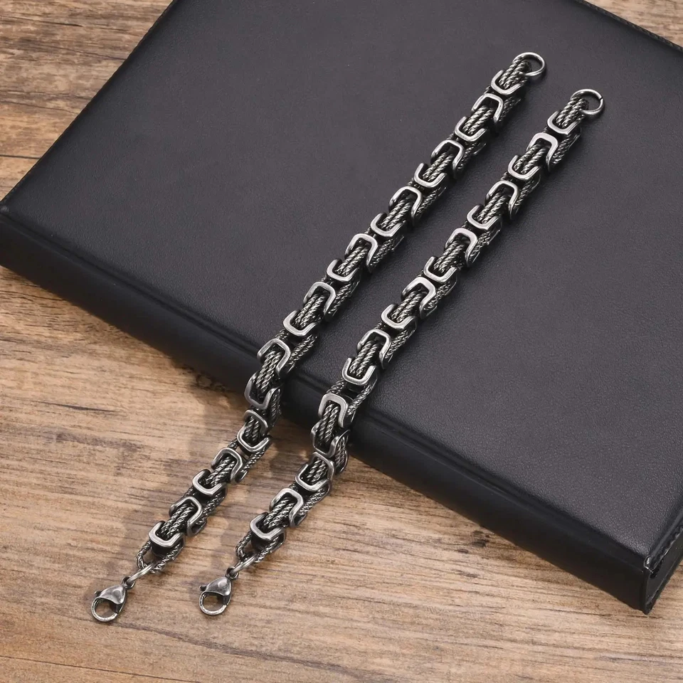 💪 Bracelet Homme Acier Inoxydable Argent Aspect Antique 21cm Vintage Chain B... - Photo 3/4