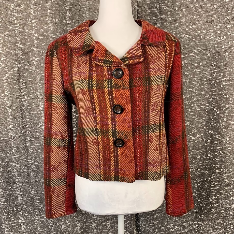Vintage Suzette Plaid Button Blazer Jacket Collared Boho Preppy Womens