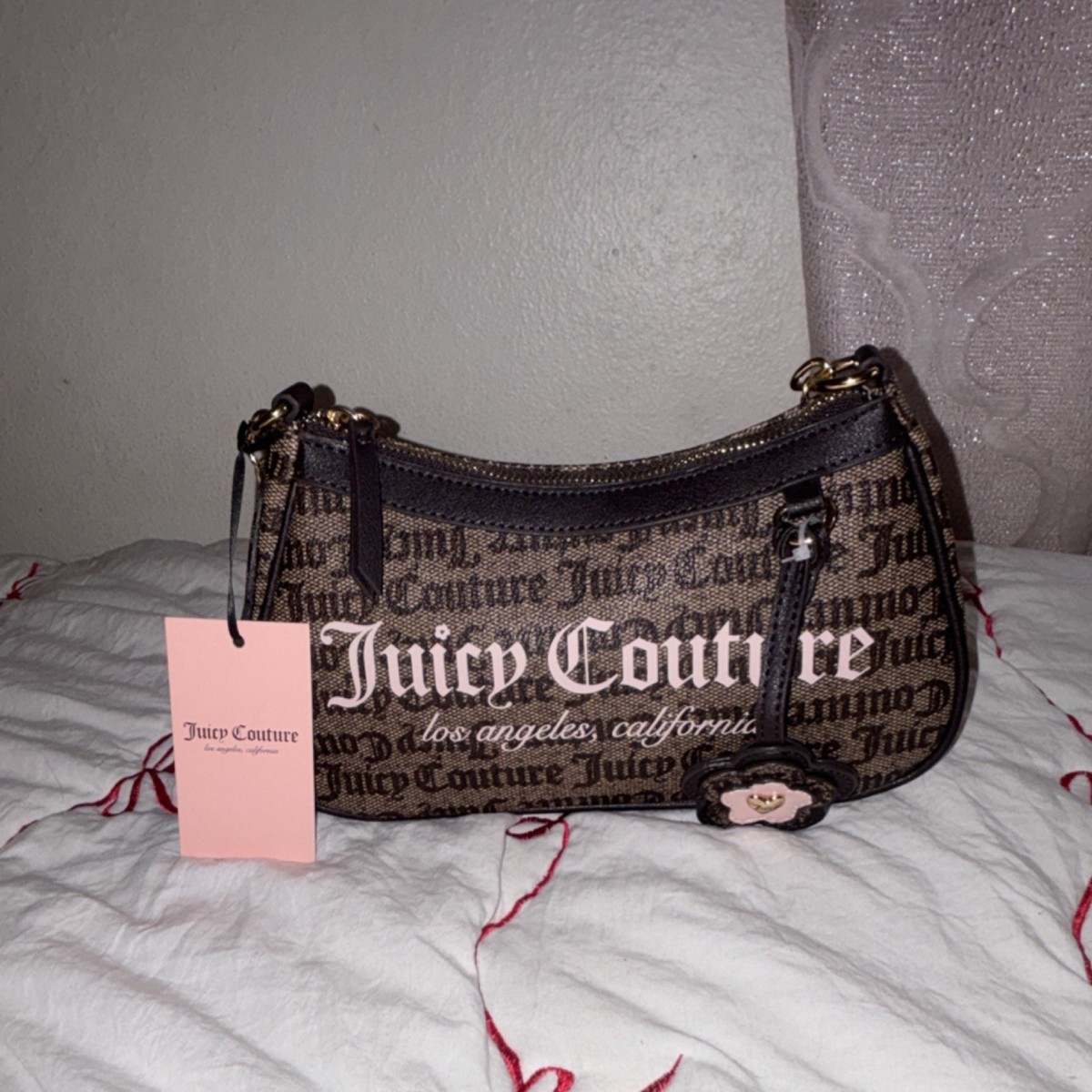 Juicy Couture Brown Logo Crescent Shoulder Bag Zip Closure Gold Hardware Charm View 2