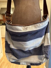 VTG American Eagle Messenger School Bag Stripe Cotton Leather Strap & Patches