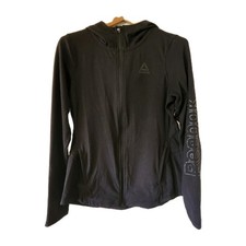 Reebok Womens Sz M Black Running Hoodie Full Zip Spellout Logo Thumb Holes