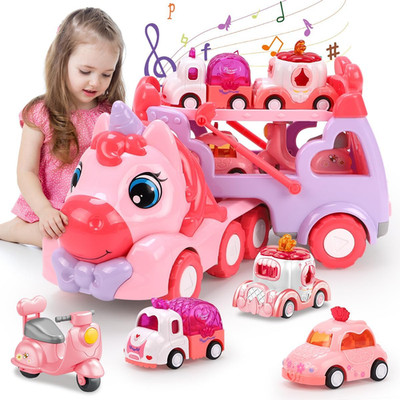 5 in 1 Einhorn Spielzeug Mädchen Autos, Transport LKW Spielzeug für Kleinkinder mit Sound&Licht, 