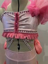 Pink Sassy Jazz Custom Dance Costume Large Child With Skirt And Rhinestones