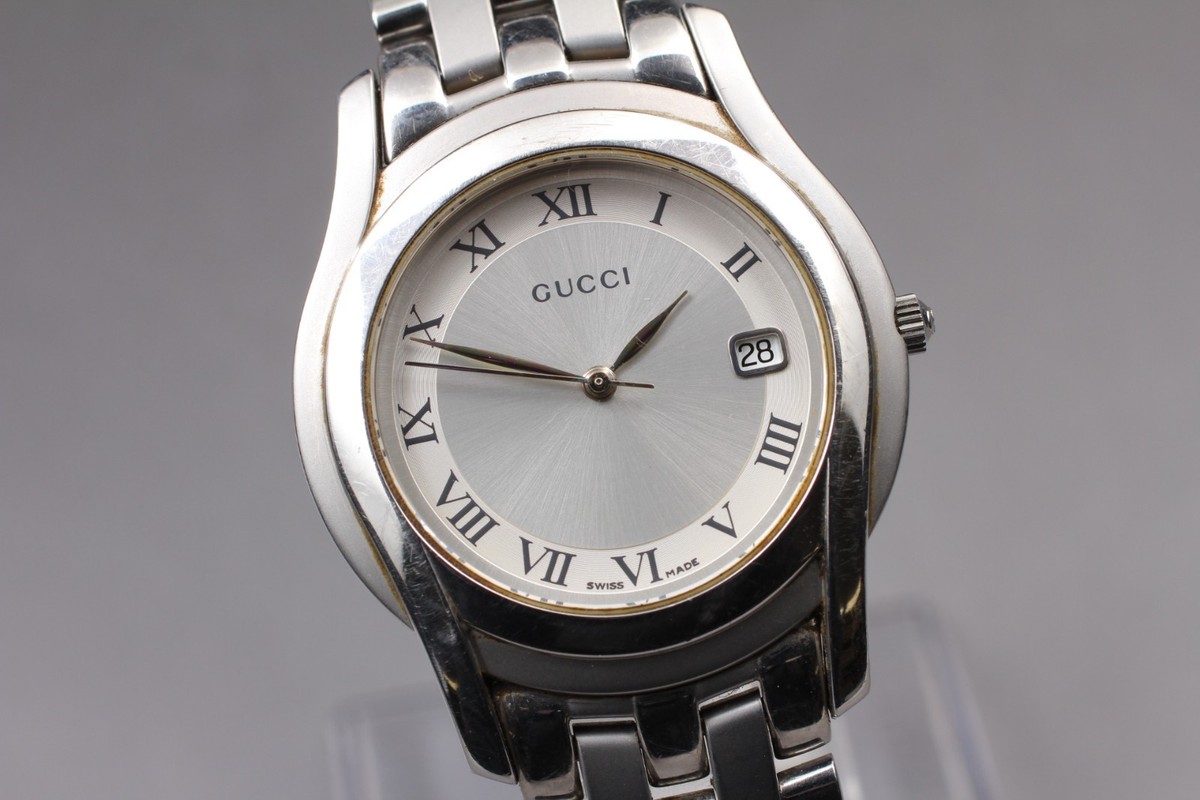 Near MINT] GUCCI 5500M Silver Roman Dial Date 35mm Quartz Men's
