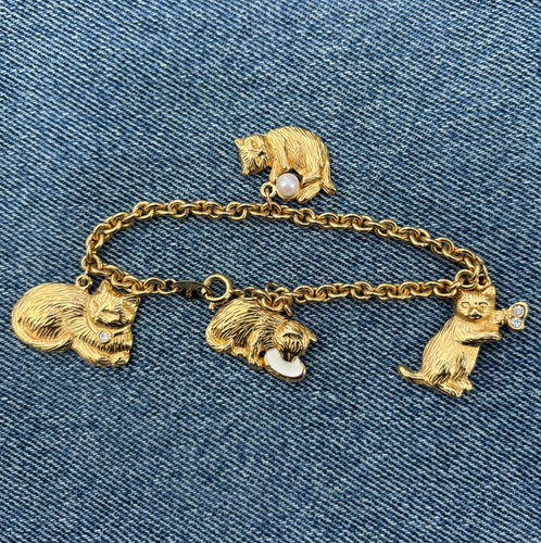 Avon Cuddly Cat Kittens Charm Bracelet Rhinestone Faux Pearl 1994 VINTAGE