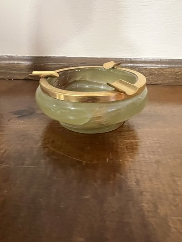 Italian Stone Marble Alabaster Ashtray w Brass Rim 3 Slot Vintage Art Deco 3” - Picture 3 of 7