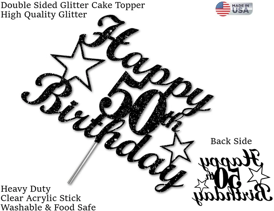 50 Cumpleaños Negro Brillo Pastel Topper, 50º Fiesta Decoración Ideas Foto 2 de 3