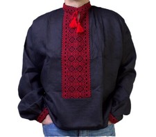 VYSHYVANKA mens Black Red Ukraine Embroidery Linen SHIRT GIFT FOR HIM