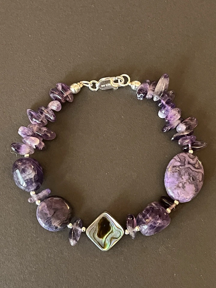 Amethyst Shell Natural Stone Bracelet.925 Clasp Findings Artisan - Image 2 of 4