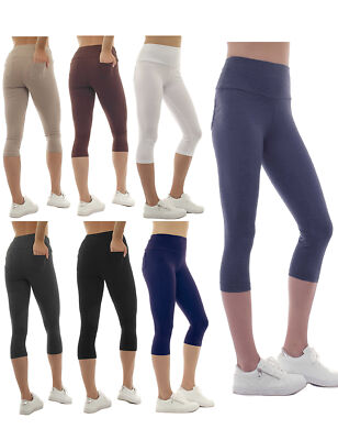 Damen Capri 3/4 Leggings hoher Bund Taschen Hose Baumwolle