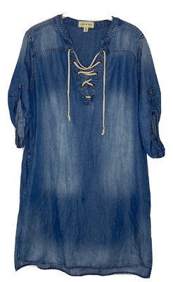 Cloth Stone Chambray Shirt Dress Blue Roll Tab Sleeve Lace-Up V