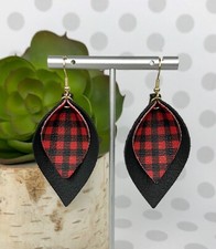 New Faux Vegan Leather Red  Black Buffalo Plaid Teardrop Leaf Earrings Pinched