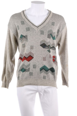 VINTAGE V-Neck-Pullover Geometrisches Muster 50 hellgrau