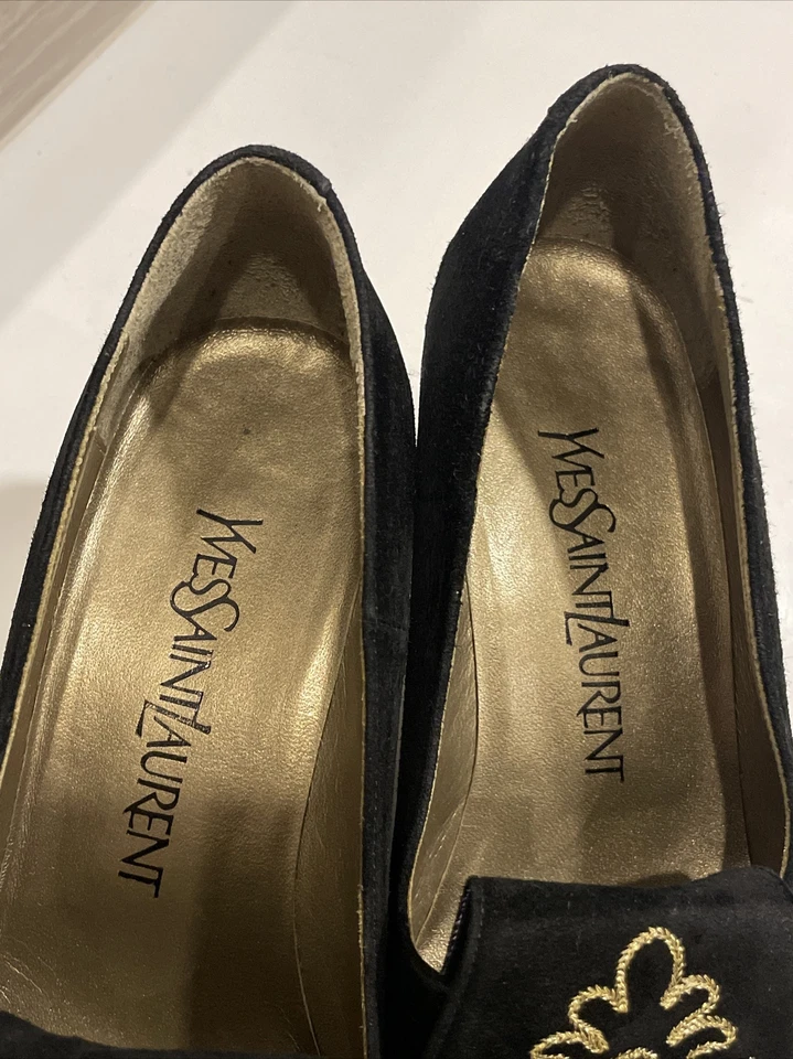 Zapatos de Gamuza YSL Yves Saint Laurent Talla 35,5 Negro Dorado Bordado De Colección Foto 2 de 4