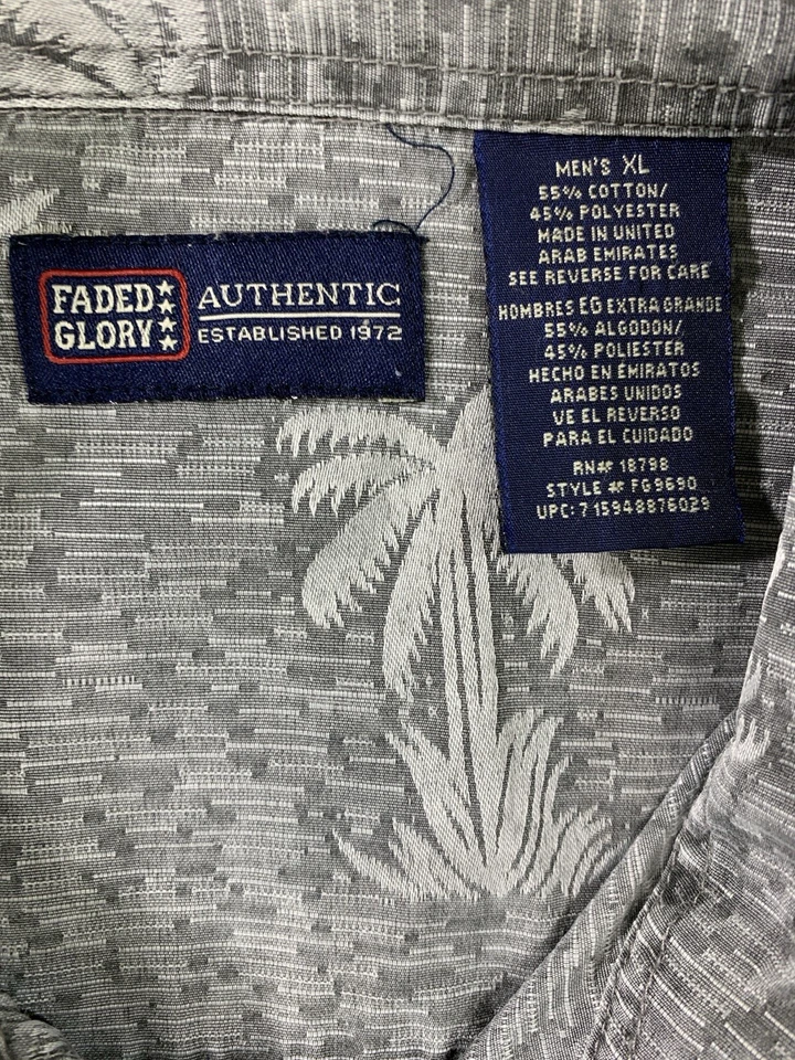 Camisa Gloria Desteñida De Colección Para Hombres XL Gris Campamento Palmera Hawaiana Algodón Abotonada Foto 4 de 4