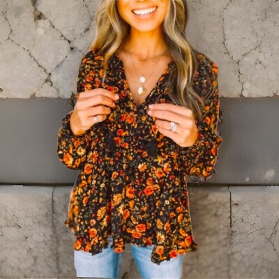 Floral Deep V Neck Flounce Design Gorgeous Formal Cow Girl Black Blouse