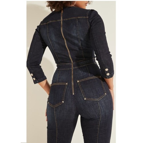 GUESS Womens 31 X 26 Dark Denim Blue Guitar Zip Up 3/4 Sleeve Jumpsuit RetagCW27 - Picture 2 of 7