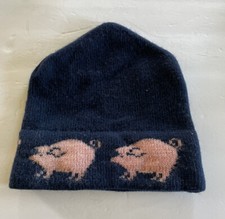 Vtg Wool Pink Pig On Navy Ski Hat Cap Green Mountain Knitters Unisex RUNS SMALL