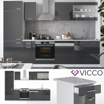 Cuisine Encastrable Vicco R-Line - Bloc 180 Cm Noir Brillant/anthracite - Sans Plan De Travail