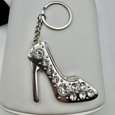 Silvertone Rhinestone Bling High Heel Shoe Keychain