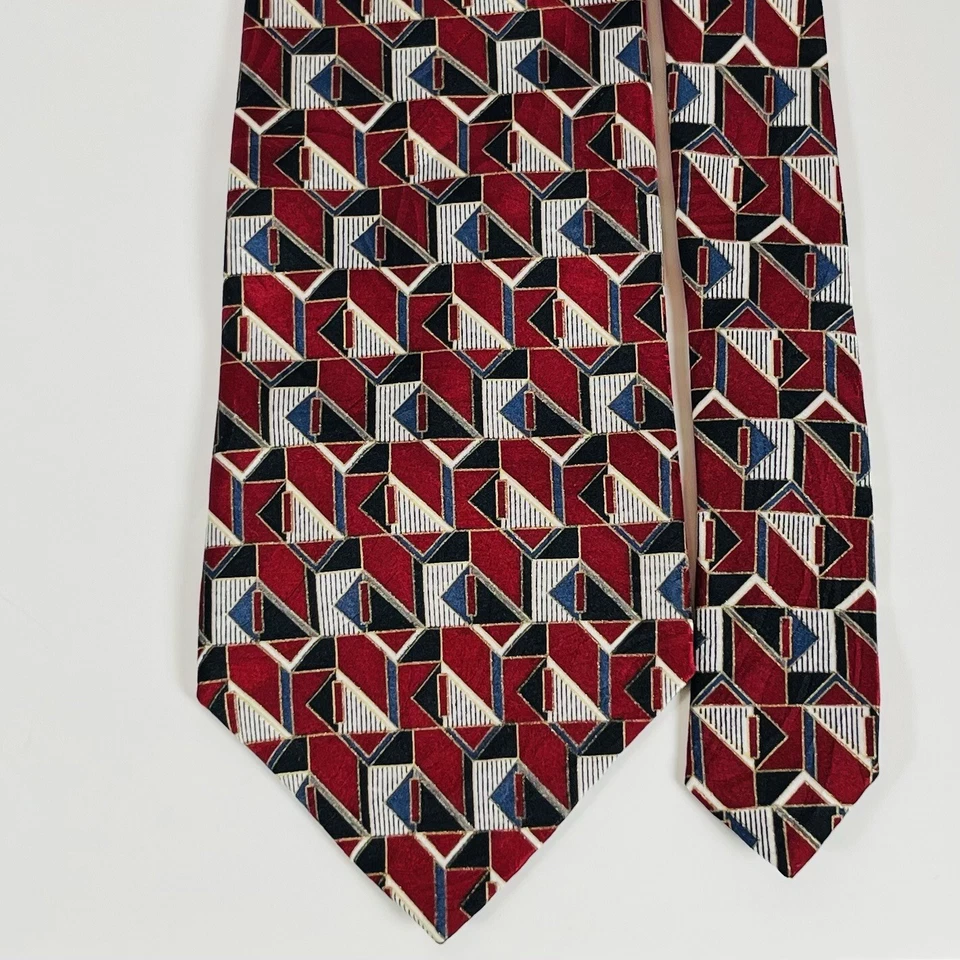 L’Atelier 100% Silk Neck Tie Burgundy/Black/Blue Geometric Abstract 3 7/8" - Image 2 of 4