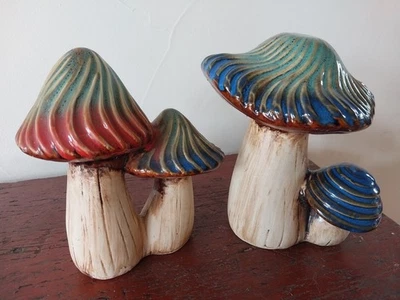 PAIR 'Enchanted Garden' Ceramic Mushrooms Blue Green Red Swirl Figurines - Image 1 of 4
