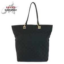 Gucci Tote Bag Black GG Canvas Leather Gold Hardware 9.4x12.2x4.3 in