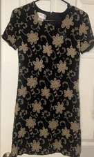 Talbots VTG Party Dress Black Floral Metallic Gold Sheath Jacquard Brocade Sz 6P