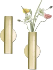 Wall Mounted Flower Tube, 7" Metal Vase for Flowers, Adhesive 7, Gold 