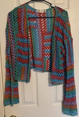 RD Style Cropped Crochet Cardigan Bohemian Hippie Multicolor Medium