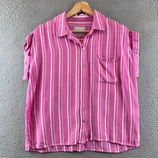 Rails Women's Striped Shirt Button Down Short Sleeve Pink White Casual Top