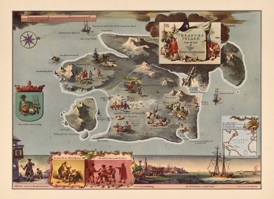 1930s Treasure Island Pictorial Map Everett Henry Robert Louis Stevenson Pirate