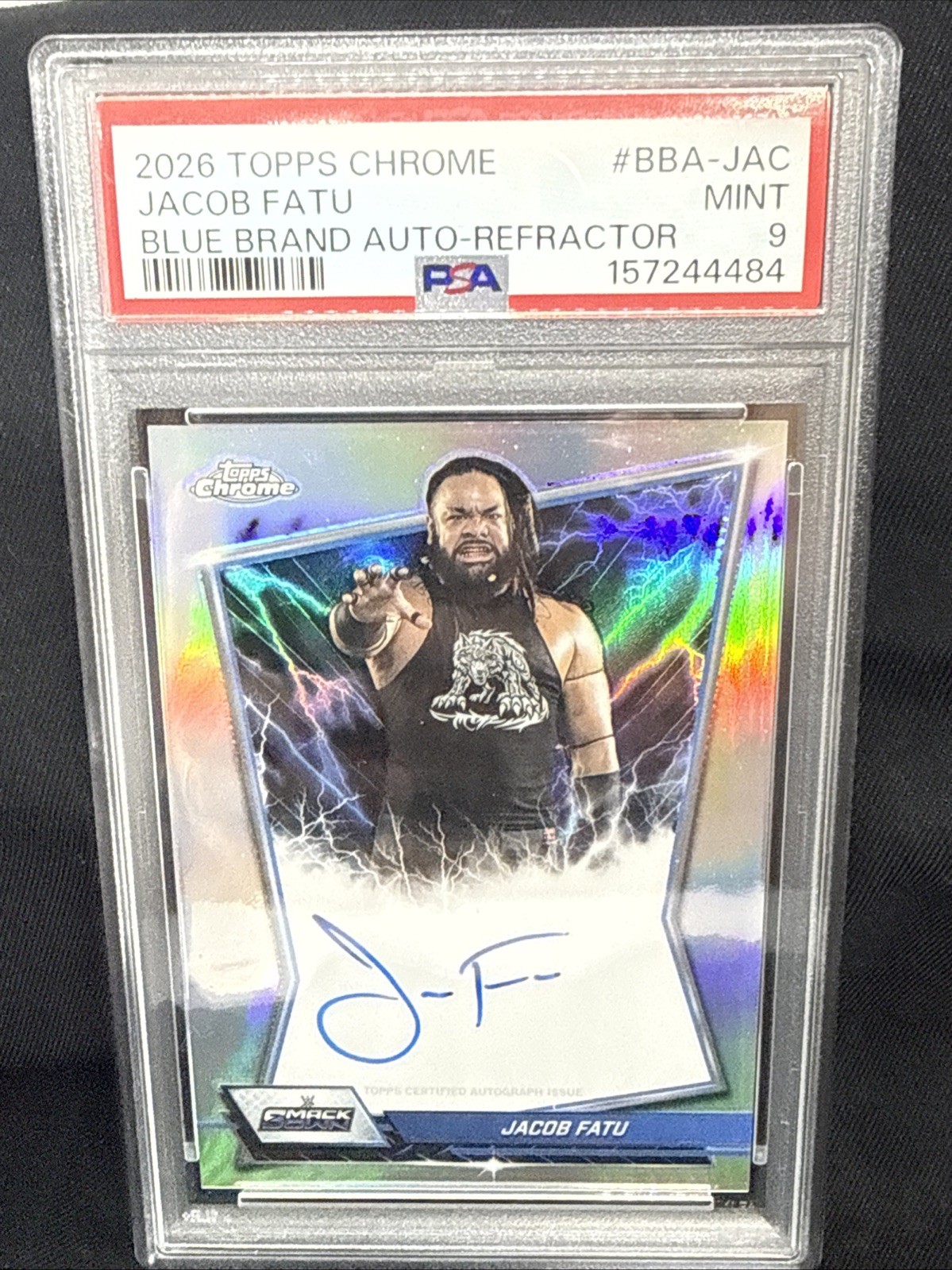 2026 Topps Chrome WWE JACOB FATU Blue Brand Auto Refractor PSA 9 Card #BBA-JAC