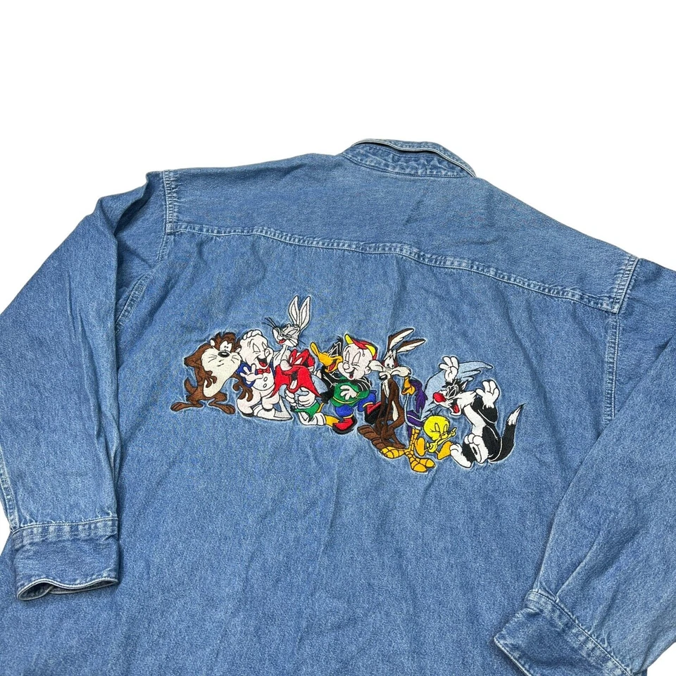 Camisa Denim Looney Tunes De Colección Años 90 Bordada Abotonada DEFECTUOSA Azul Adulto Grande Foto 4 de 4
