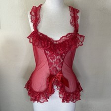 Vintage 80 s Shirley Of Hollywood Red Lace/Sheer Baby Doll Lingerie Size Large