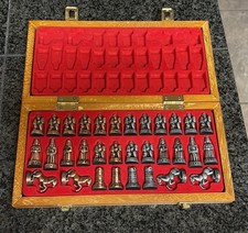 Chess Travel Hinged Wood Board Metal Bronze Silver Pieces Set Small Mini